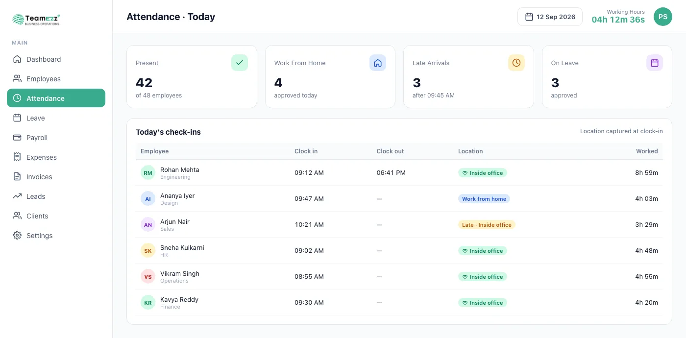 TeamEzz attendance screen with clock-in times, office location check and work from home